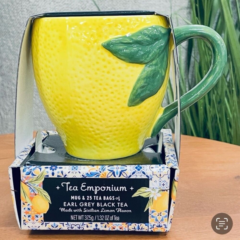 NWT Tea Emporium lemon-shaped mug & 25 Earl black tea Sicilian lemon flavor Set